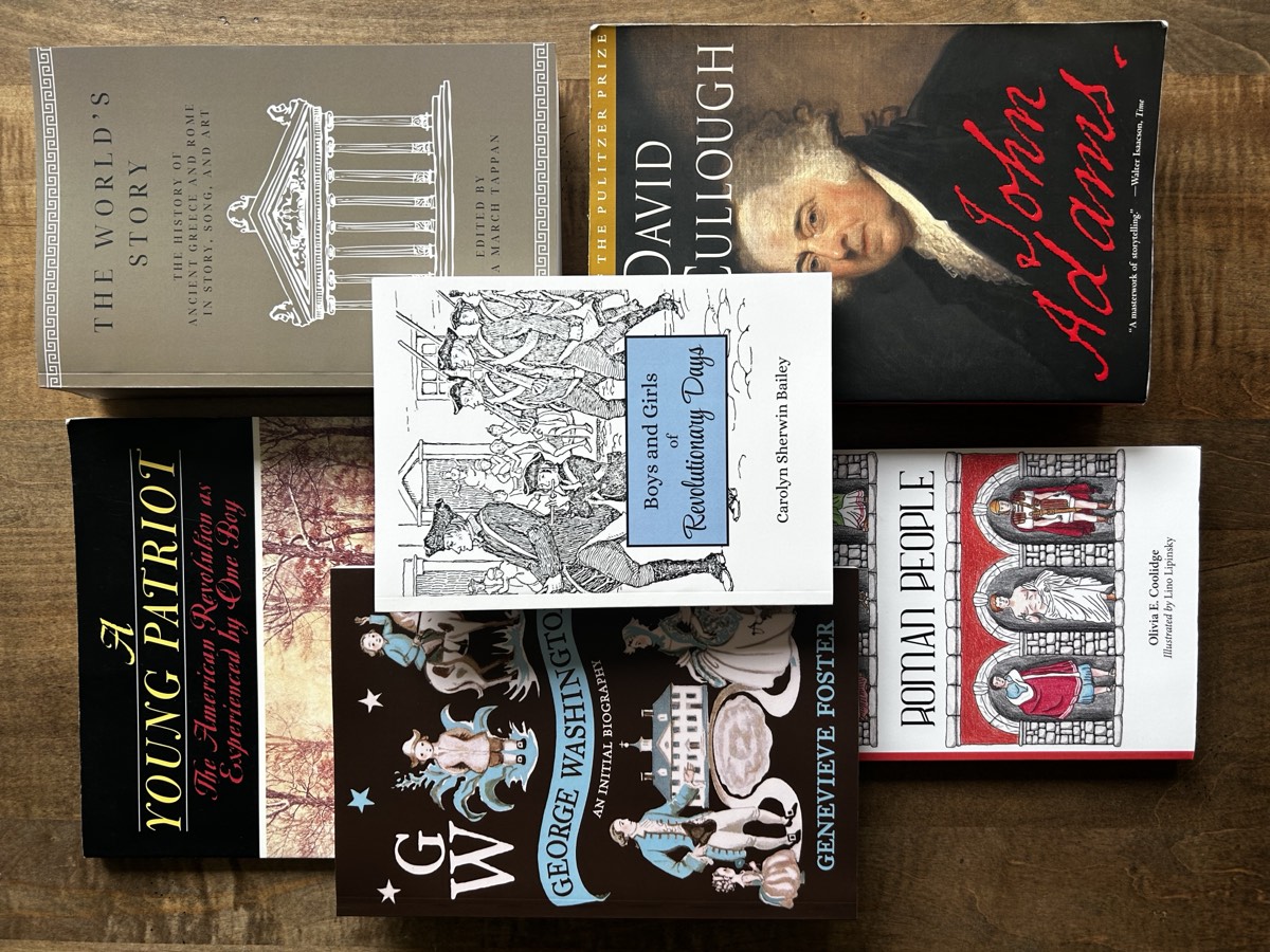 A selection of Cycle 2 books — Ancient Greece and Rome alongside Revolutionary-era America