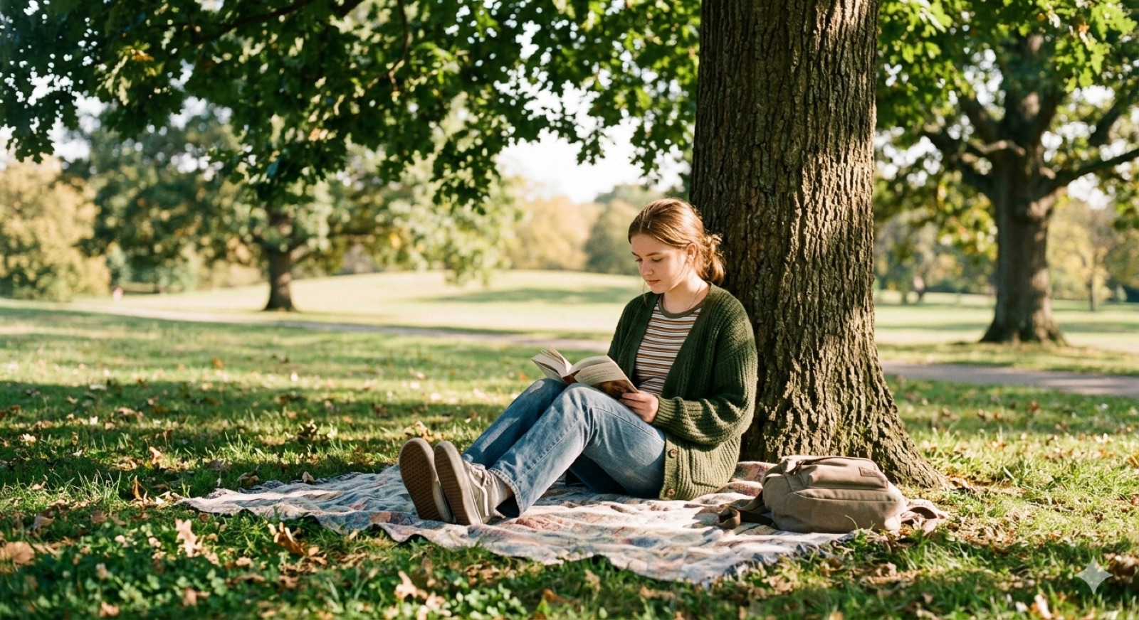 A high-school student reading independently under a tree